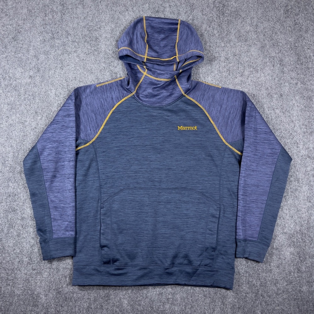 Marmot Hoodie Mens Large Blue Space Dye Fleece Contrast Stitch Pullover